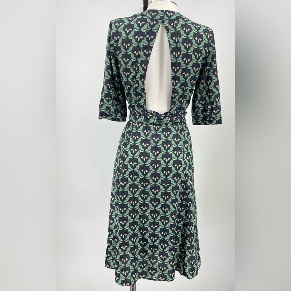 Ethereal Paper Crane Backless Dress Three Quarter Sleeves Blue Green Floral Sz L - Picture 2 of 11